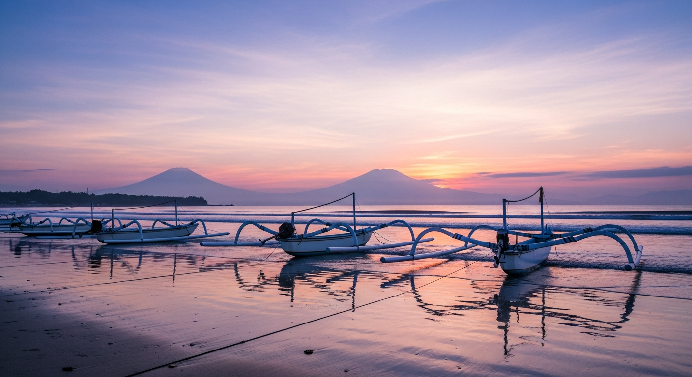 Traditional jukung outrigger boats on a Bali shore at dawn
