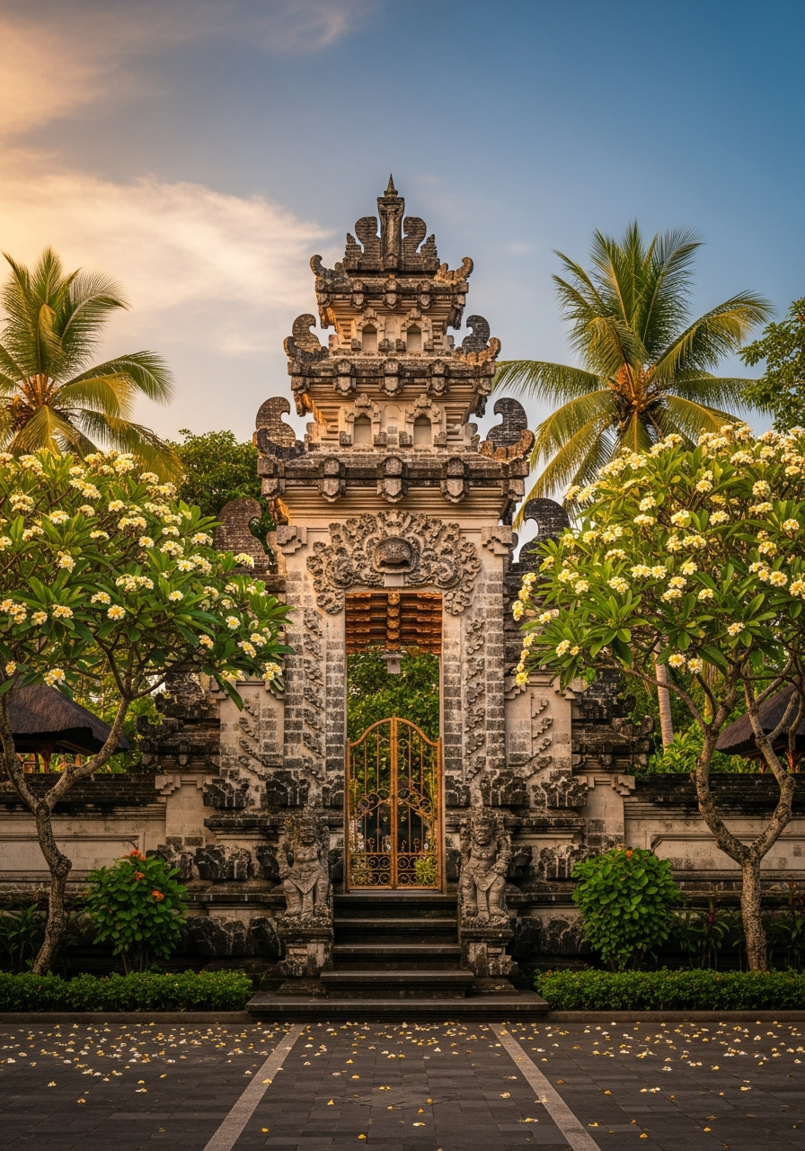 Balinese candi bentar temple gate at golden hour